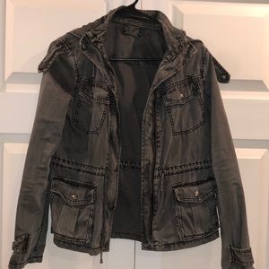 Gray wash aritzia hooded utility jacket.